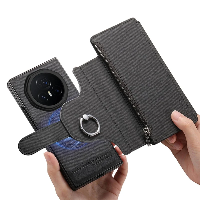 For Honor Magic V3 5G Magnetic Case Detachable Wallet Stand Cloth Texture Leather + PC + TPU Phone Cover - Black