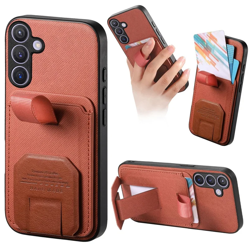 For Samsung Galaxy S26+ Case Cloth Texture TPU PU Leather PC Phone Back Cover with Card Holder Kickstand - Brown