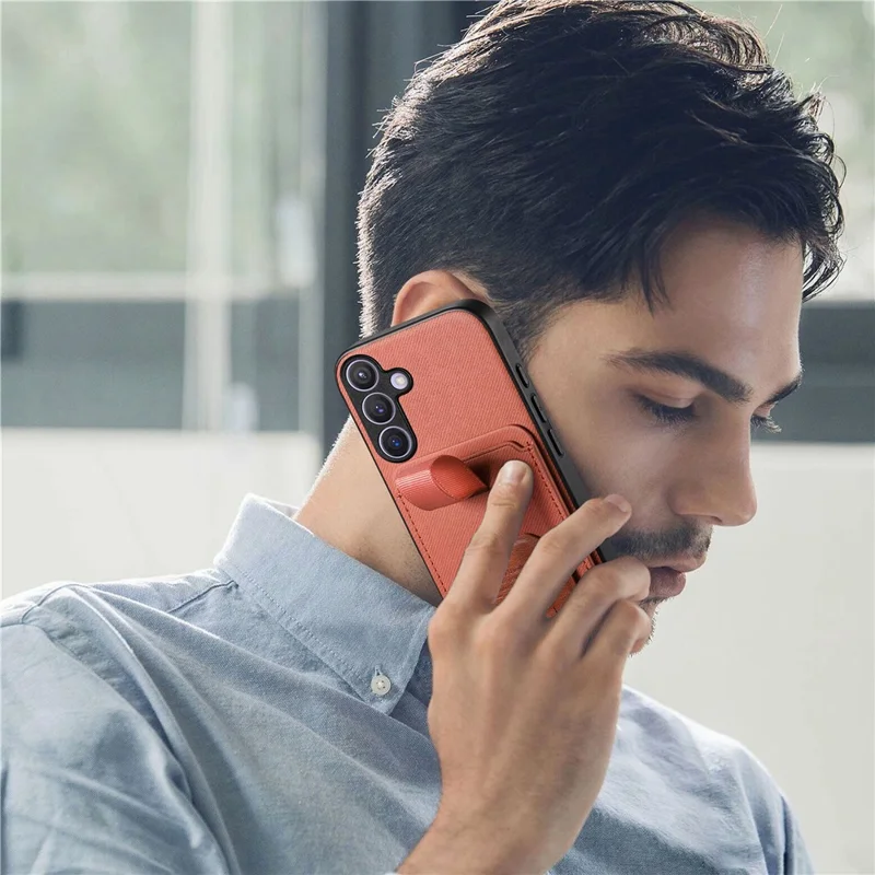 For Samsung Galaxy S26+ Case Cloth Texture TPU PU Leather PC Phone Back Cover with Card Holder Kickstand - Brown