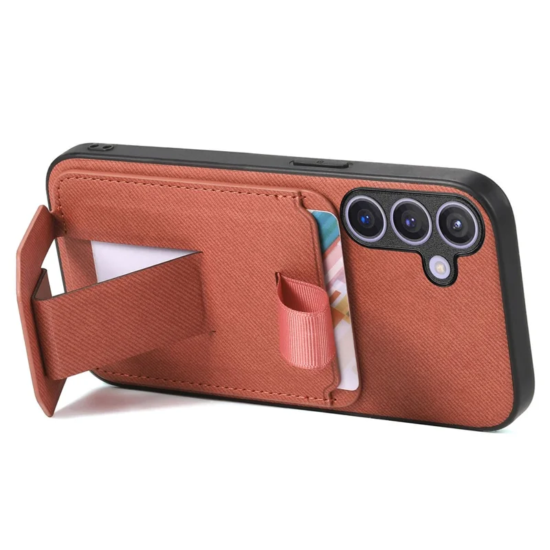 For Samsung Galaxy S26+ Case Cloth Texture TPU PU Leather PC Phone Back Cover with Card Holder Kickstand - Brown