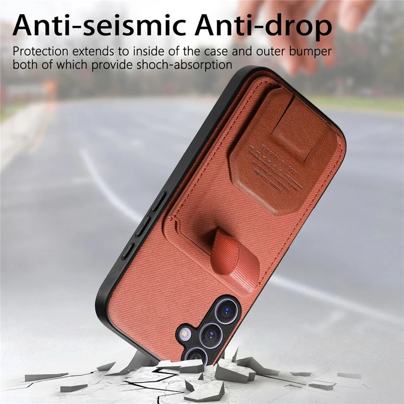 For Samsung Galaxy S26+ Case Cloth Texture TPU PU Leather PC Phone Back Cover with Card Holder Kickstand - Brown