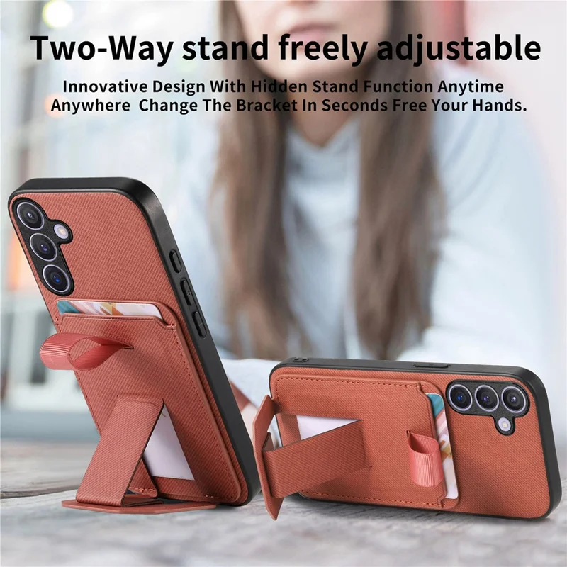 For Samsung Galaxy S26+ Case Cloth Texture TPU PU Leather PC Phone Back Cover with Card Holder Kickstand - Brown