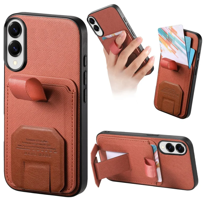 For Samsung Galaxy S25 Edge Case Cloth Texture TPU PU Leather PC Phone Back Cover with Card Holder Kickstand - Brown