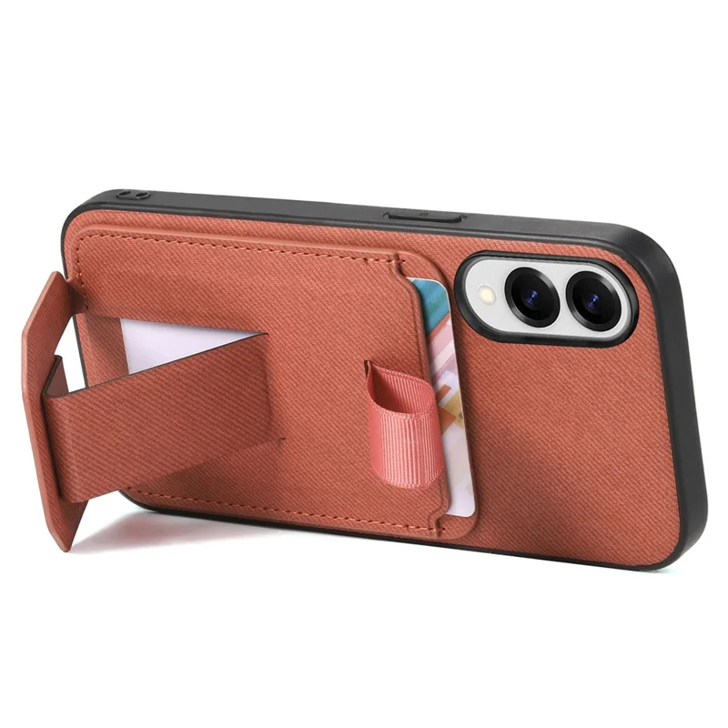 For Samsung Galaxy S25 Edge Case Cloth Texture TPU PU Leather PC Phone Back Cover with Card Holder Kickstand - Brown