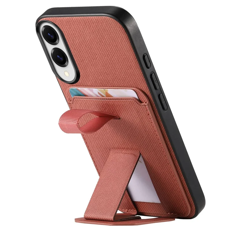 For Samsung Galaxy S25 Edge Case Cloth Texture TPU PU Leather PC Phone Back Cover with Card Holder Kickstand - Brown