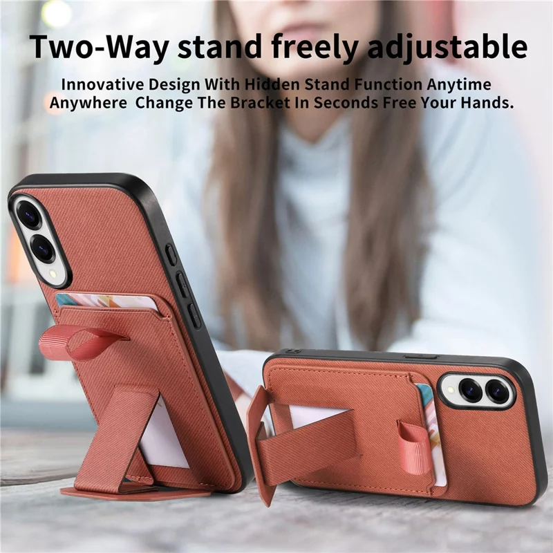 For Samsung Galaxy S25 Edge Case Cloth Texture TPU PU Leather PC Phone Back Cover with Card Holder Kickstand - Brown