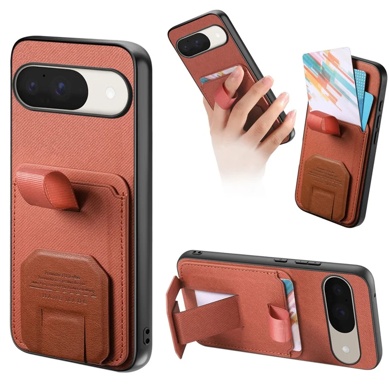 Phone Case for Google Pixel 10 Pro  /  Pixel 10 Cloth Texture TPU PU Leather PC Phone Back Cover with Card Holder Kickstand - Brown