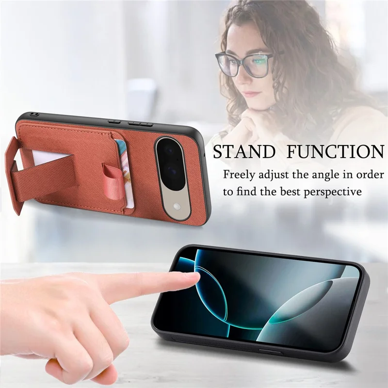 Phone Case for Google Pixel 10 Pro  /  Pixel 10 Cloth Texture TPU PU Leather PC Phone Back Cover with Card Holder Kickstand - Brown