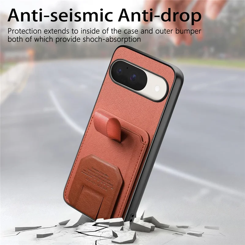 Phone Case for Google Pixel 10 Pro  /  Pixel 10 Cloth Texture TPU PU Leather PC Phone Back Cover with Card Holder Kickstand - Brown