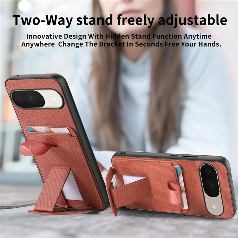 Phone Case for Google Pixel 10 Pro  /  Pixel 10 Cloth Texture TPU PU Leather PC Phone Back Cover with Card Holder Kickstand - Brown