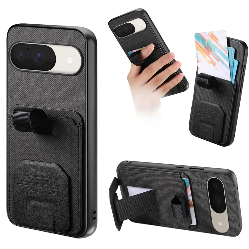 Phone Case for Google Pixel 10 Pro  /  Pixel 10 Cloth Texture TPU PU Leather PC Phone Back Cover with Card Holder Kickstand - Black