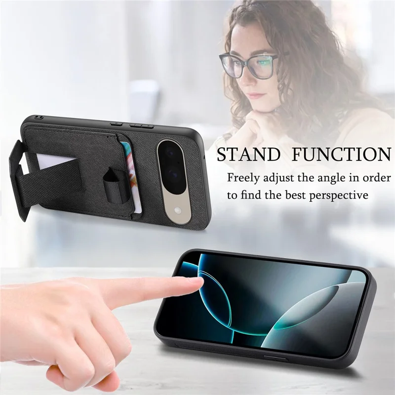 Phone Case for Google Pixel 10 Pro  /  Pixel 10 Cloth Texture TPU PU Leather PC Phone Back Cover with Card Holder Kickstand - Black