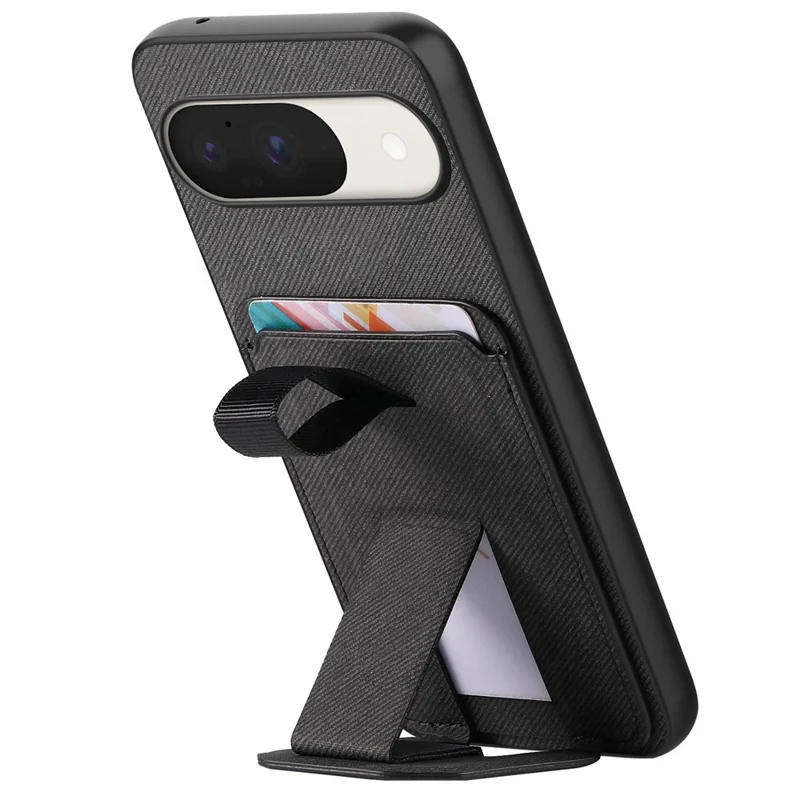 Phone Case for Google Pixel 10 Pro  /  Pixel 10 Cloth Texture TPU PU Leather PC Phone Back Cover with Card Holder Kickstand - Black