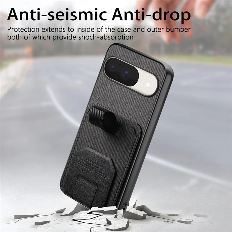 Phone Case for Google Pixel 10 Pro  /  Pixel 10 Cloth Texture TPU PU Leather PC Phone Back Cover with Card Holder Kickstand - Black