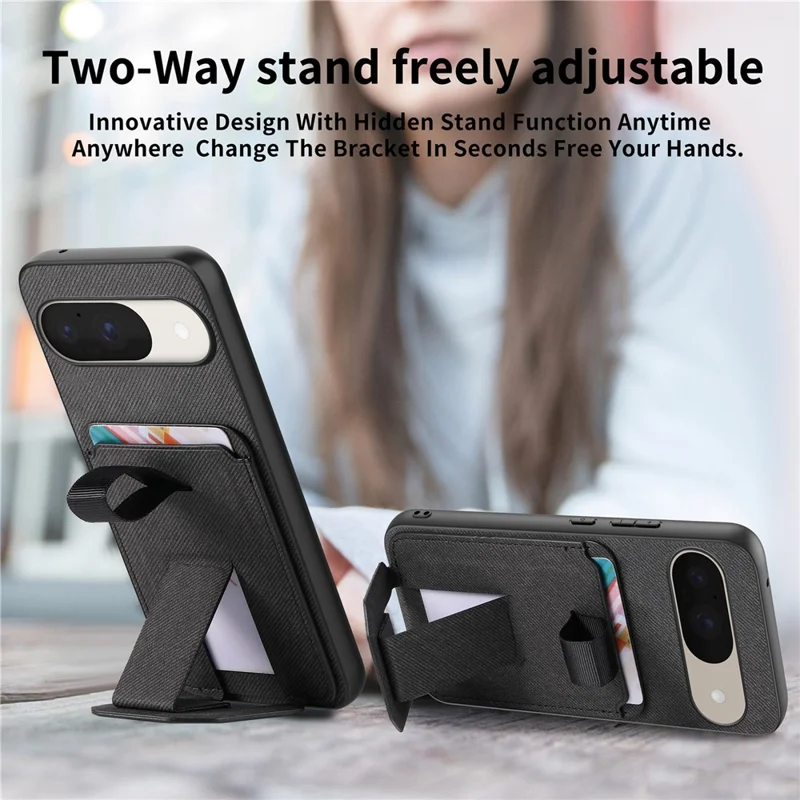 Phone Case for Google Pixel 10 Pro  /  Pixel 10 Cloth Texture TPU PU Leather PC Phone Back Cover with Card Holder Kickstand - Black