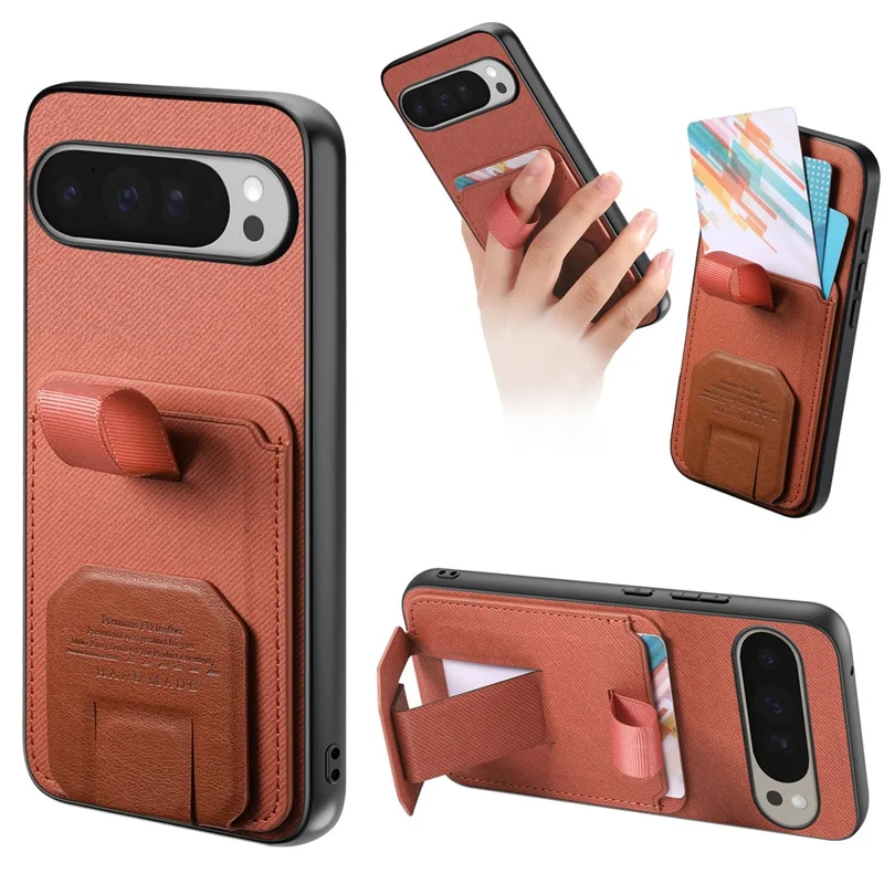 For Google Pixel 10 Pro XL Case Cloth Texture TPU PU Leather PC Phone Back Cover with Card Holder Kickstand - Brown
