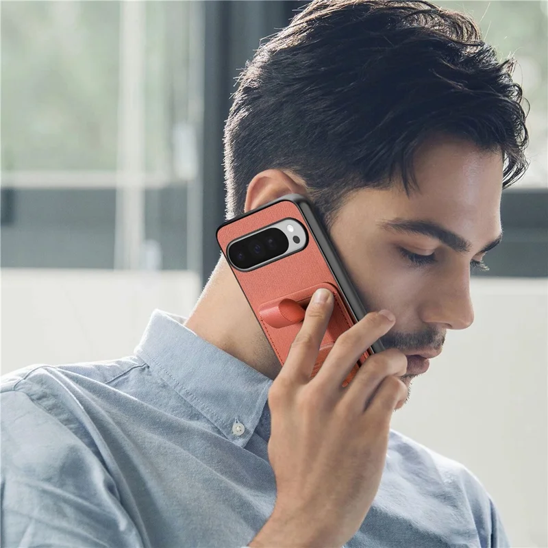 For Google Pixel 10 Pro XL Case Cloth Texture TPU PU Leather PC Phone Back Cover with Card Holder Kickstand - Brown