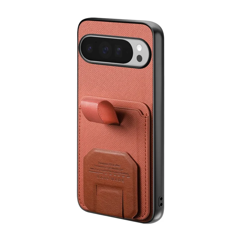 For Google Pixel 10 Pro XL Case Cloth Texture TPU PU Leather PC Phone Back Cover with Card Holder Kickstand - Brown