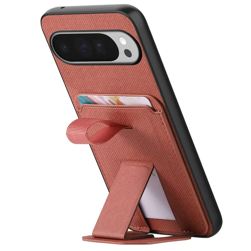 For Google Pixel 10 Pro XL Case Cloth Texture TPU PU Leather PC Phone Back Cover with Card Holder Kickstand - Brown