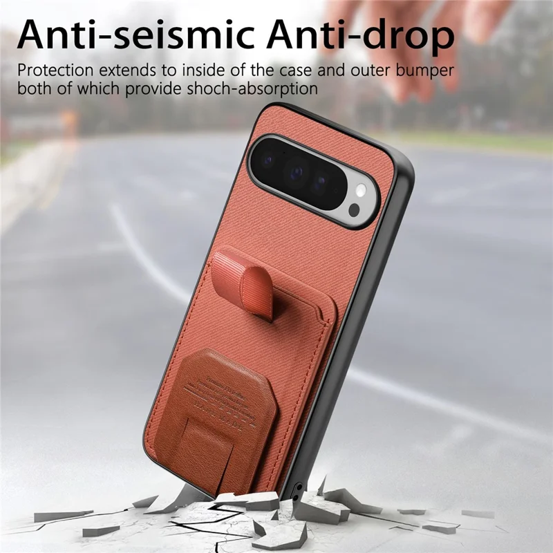 For Google Pixel 10 Pro XL Case Cloth Texture TPU PU Leather PC Phone Back Cover with Card Holder Kickstand - Brown