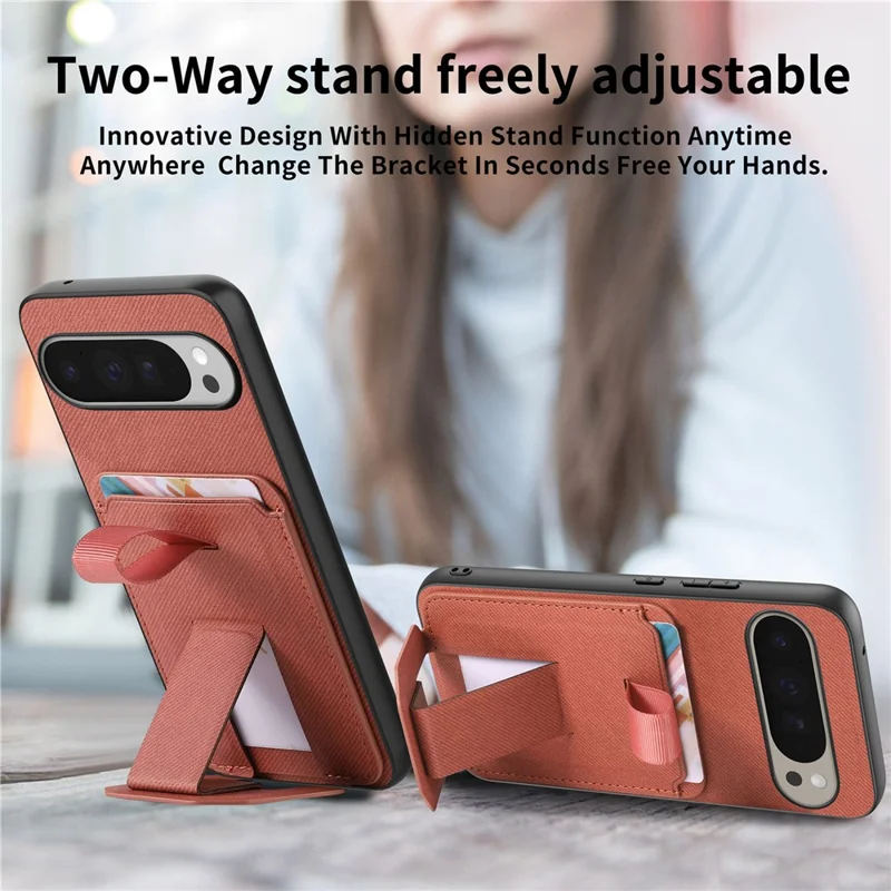For Google Pixel 10 Pro XL Case Cloth Texture TPU PU Leather PC Phone Back Cover with Card Holder Kickstand - Brown