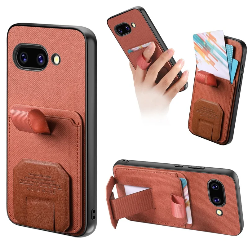For Google Pixel 10a Case Cloth Texture TPU PU Leather PC Phone Back Cover with Card Holder Kickstand - Brown