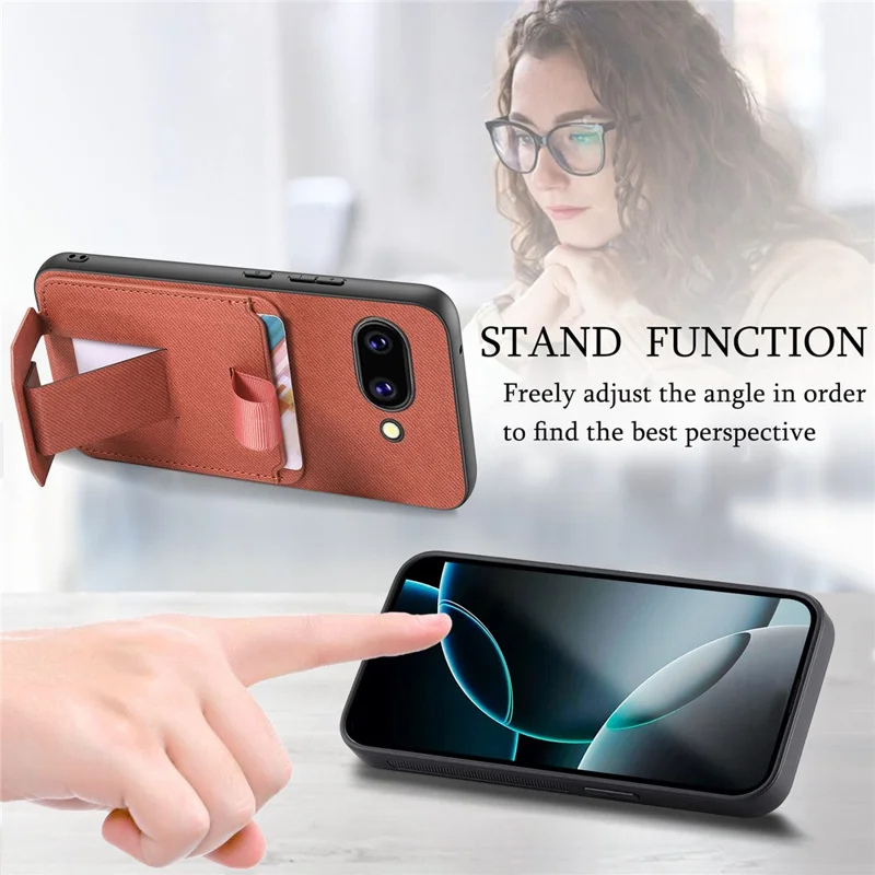 For Google Pixel 10a Case Cloth Texture TPU PU Leather PC Phone Back Cover with Card Holder Kickstand - Brown