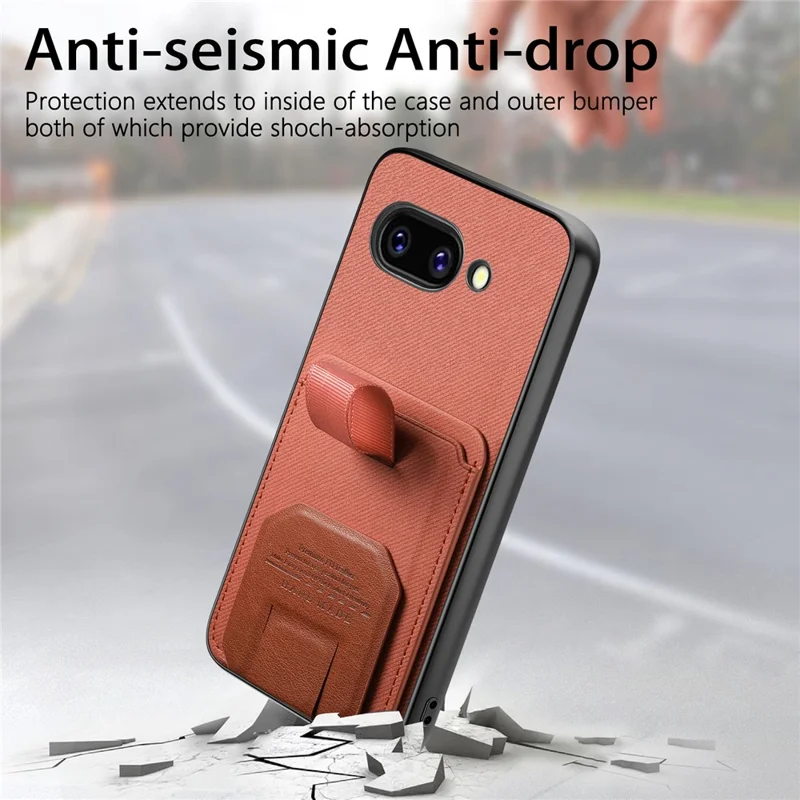 For Google Pixel 10a Case Cloth Texture TPU PU Leather PC Phone Back Cover with Card Holder Kickstand - Brown