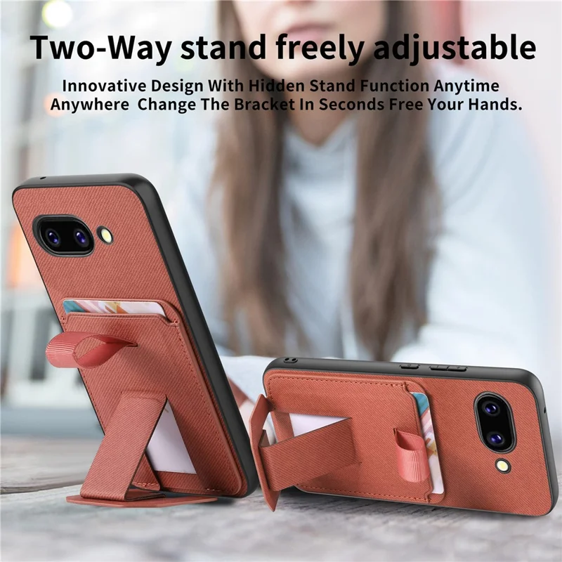 For Google Pixel 10a Case Cloth Texture TPU PU Leather PC Phone Back Cover with Card Holder Kickstand - Brown