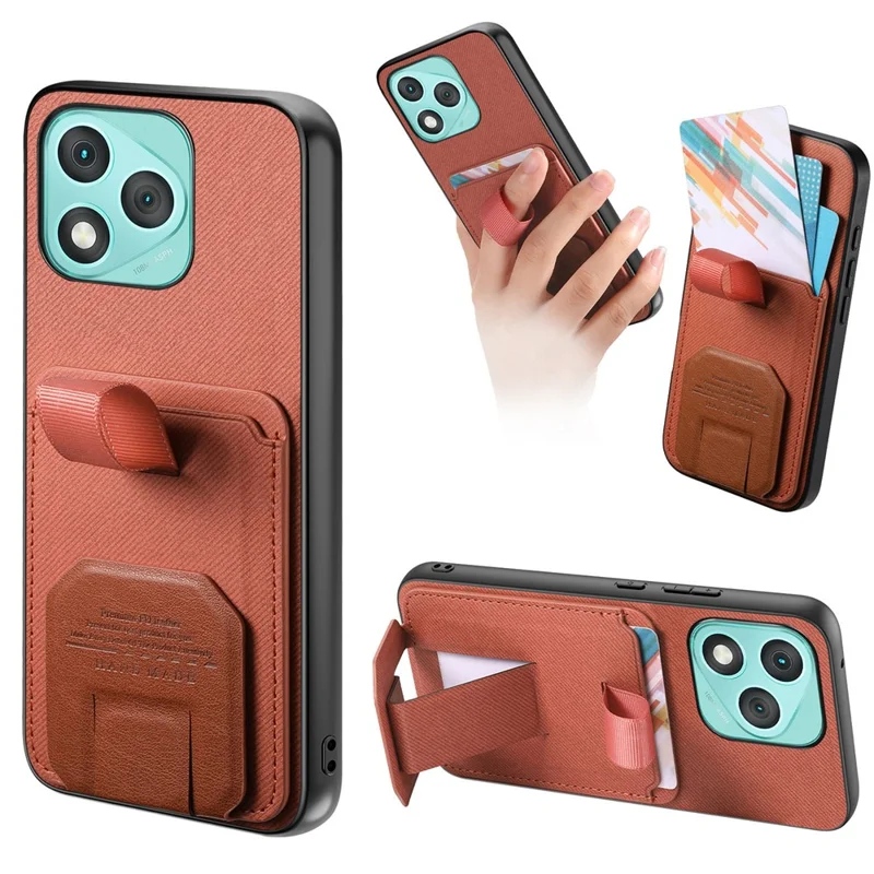 For Honor 400 Lite 5G Case Cloth Texture TPU PU Leather PC Phone Back Cover with Card Holder Kickstand - Brown