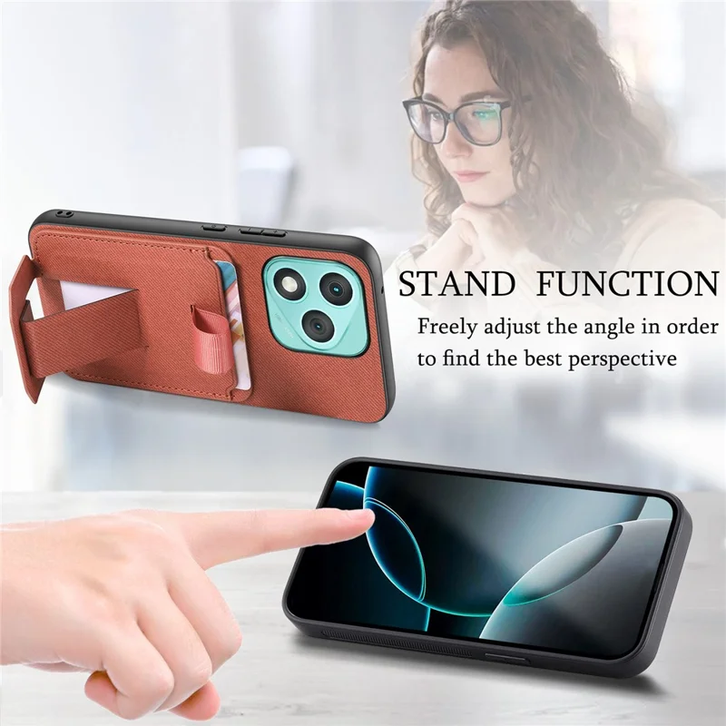 For Honor 400 Lite 5G Case Cloth Texture TPU PU Leather PC Phone Back Cover with Card Holder Kickstand - Brown
