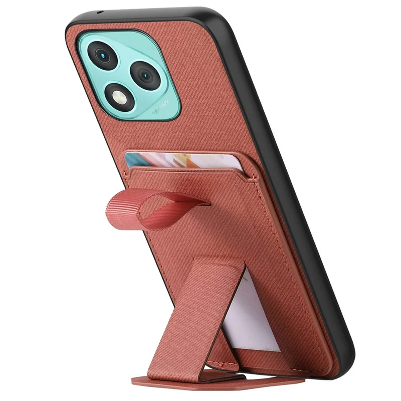 For Honor 400 Lite 5G Case Cloth Texture TPU PU Leather PC Phone Back Cover with Card Holder Kickstand - Brown
