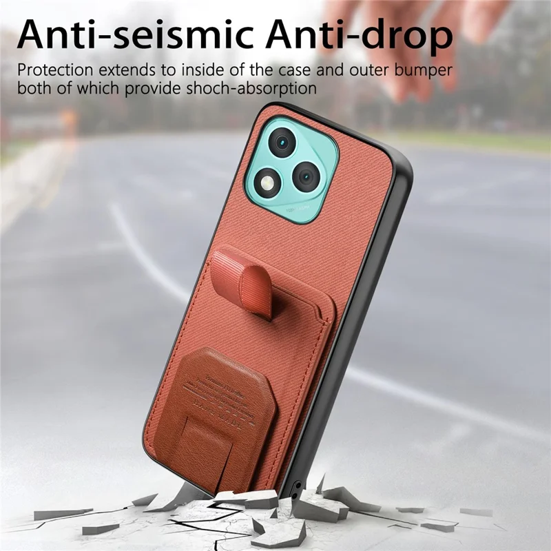 For Honor 400 Lite 5G Case Cloth Texture TPU PU Leather PC Phone Back Cover with Card Holder Kickstand - Brown