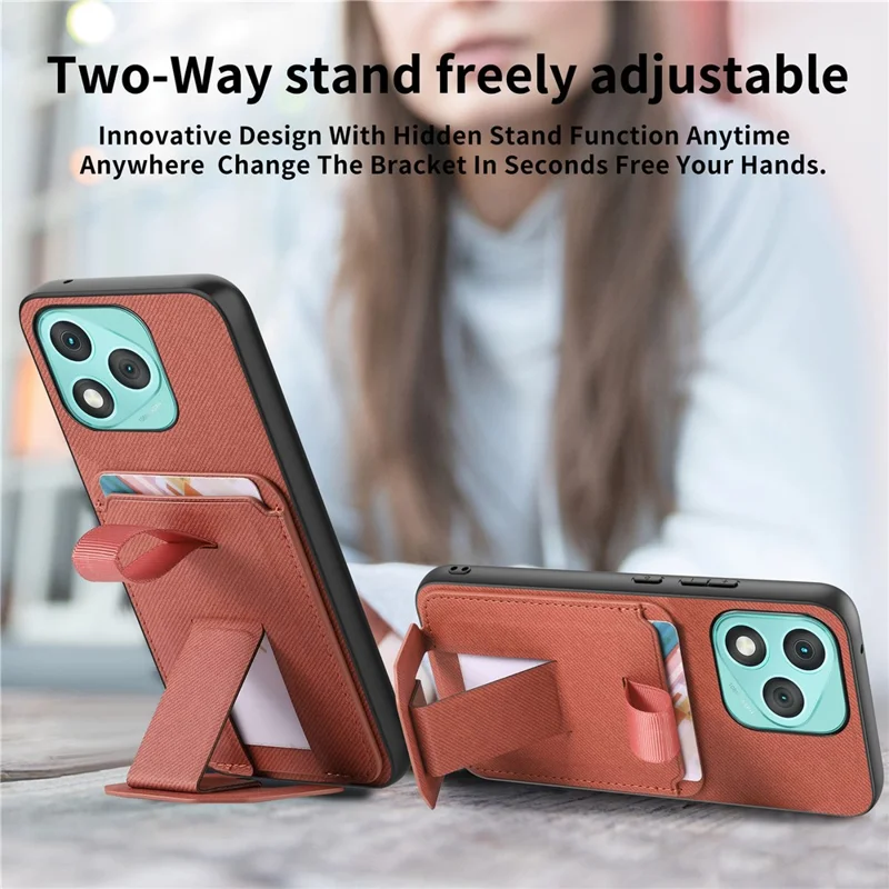 For Honor 400 Lite 5G Case Cloth Texture TPU PU Leather PC Phone Back Cover with Card Holder Kickstand - Brown