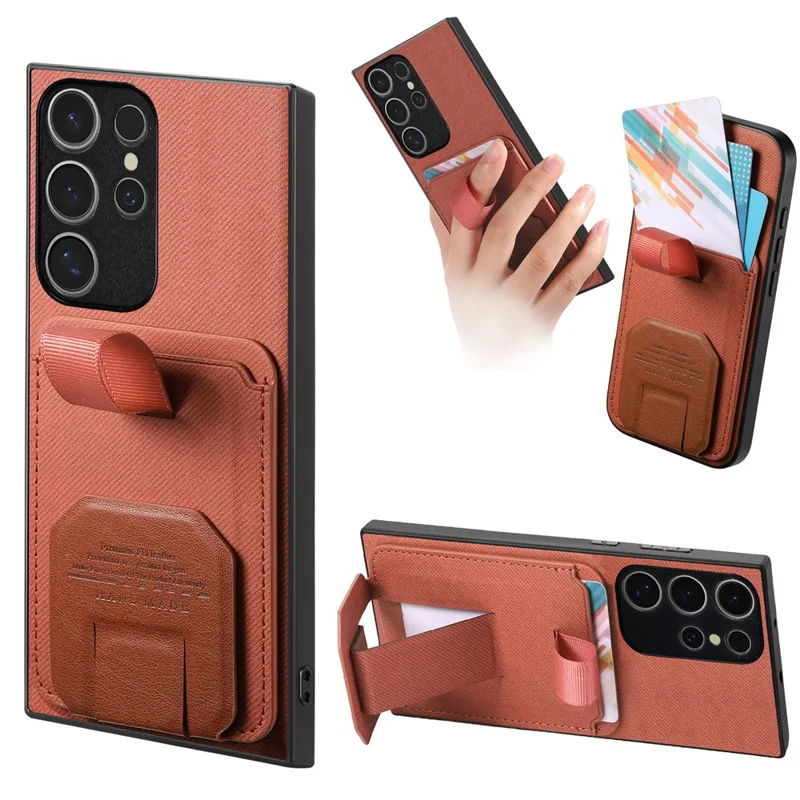 For Samsung Galaxy S25 Ultra Case Cloth Texture TPU PU Leather PC Phone Back Cover with Card Holder Kickstand - Brown