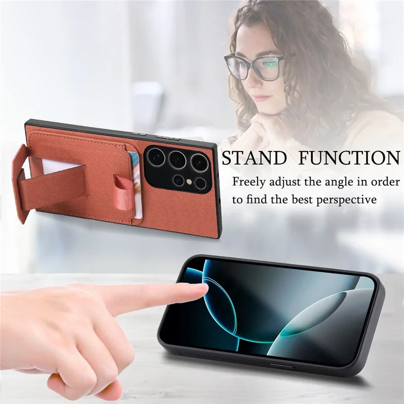 For Samsung Galaxy S25 Ultra Case Cloth Texture TPU PU Leather PC Phone Back Cover with Card Holder Kickstand - Brown
