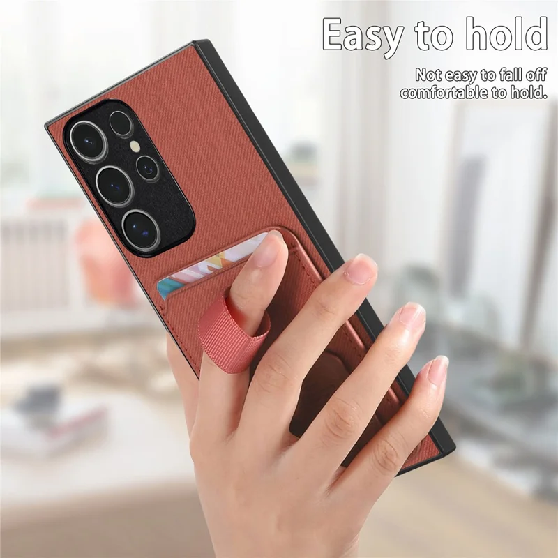 For Samsung Galaxy S25 Ultra Case Cloth Texture TPU PU Leather PC Phone Back Cover with Card Holder Kickstand - Brown