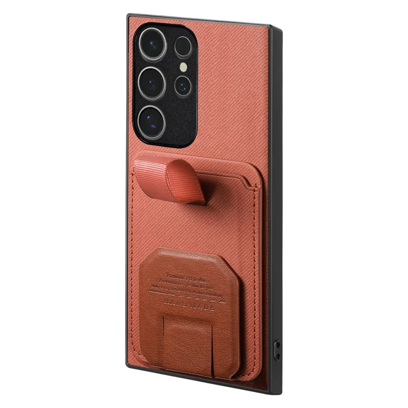 For Samsung Galaxy S25 Ultra Case Cloth Texture TPU PU Leather PC Phone Back Cover with Card Holder Kickstand - Brown