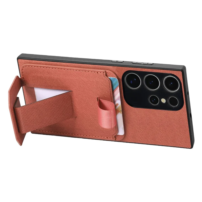 For Samsung Galaxy S25 Ultra Case Cloth Texture TPU PU Leather PC Phone Back Cover with Card Holder Kickstand - Brown
