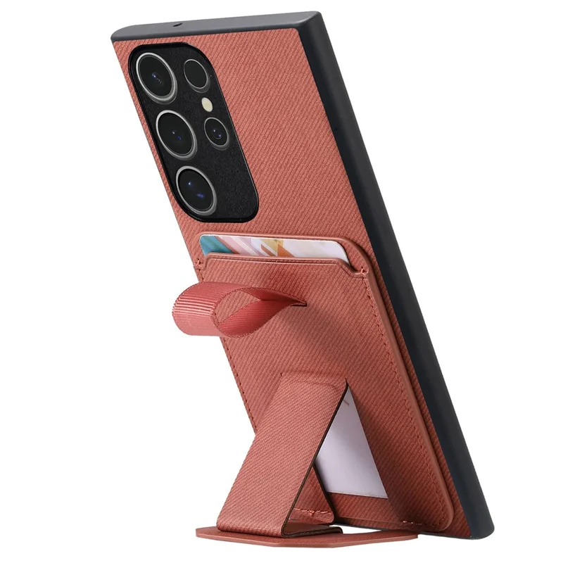 For Samsung Galaxy S25 Ultra Case Cloth Texture TPU PU Leather PC Phone Back Cover with Card Holder Kickstand - Brown