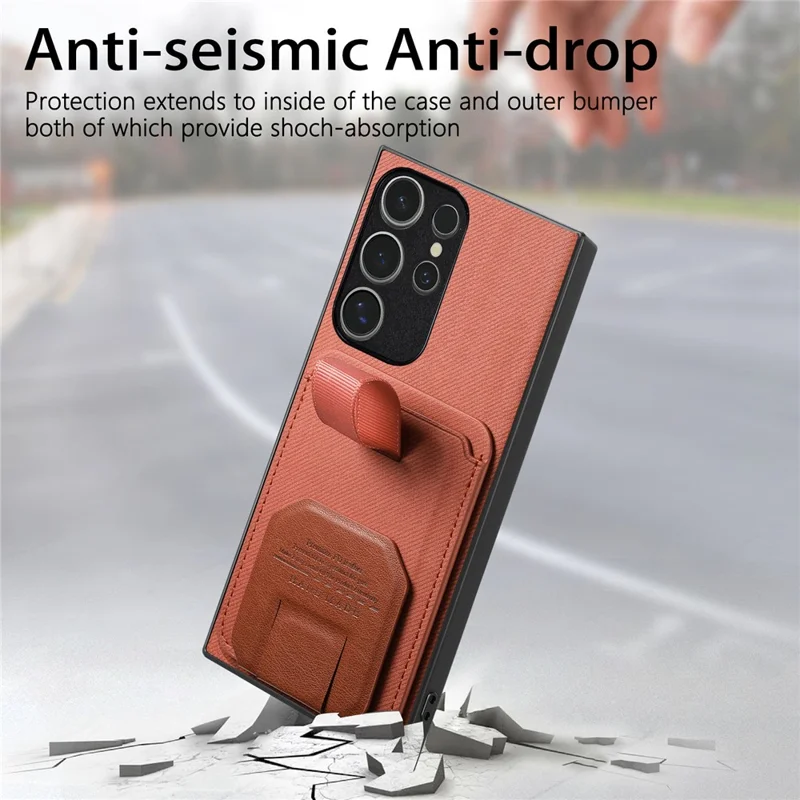 For Samsung Galaxy S25 Ultra Case Cloth Texture TPU PU Leather PC Phone Back Cover with Card Holder Kickstand - Brown