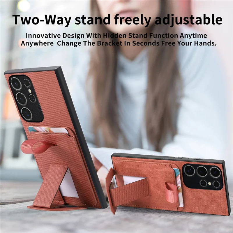 For Samsung Galaxy S25 Ultra Case Cloth Texture TPU PU Leather PC Phone Back Cover with Card Holder Kickstand - Brown