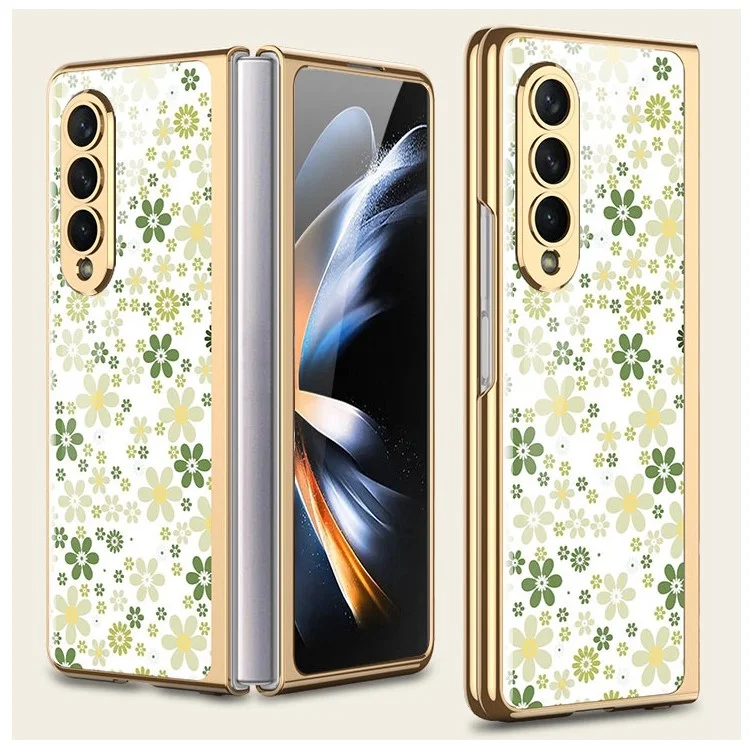 GKK For Samsung Galaxy Z Fold4 5G Tempered Glass + Hard PC Phone Case Floral Pattern Printing Electroplated Folding Cover - Flower 01