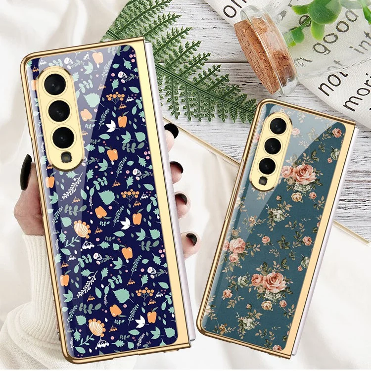 GKK For Samsung Galaxy Z Fold4 5G Tempered Glass + Hard PC Phone Case Floral Pattern Printing Electroplated Folding Cover - Flower 01