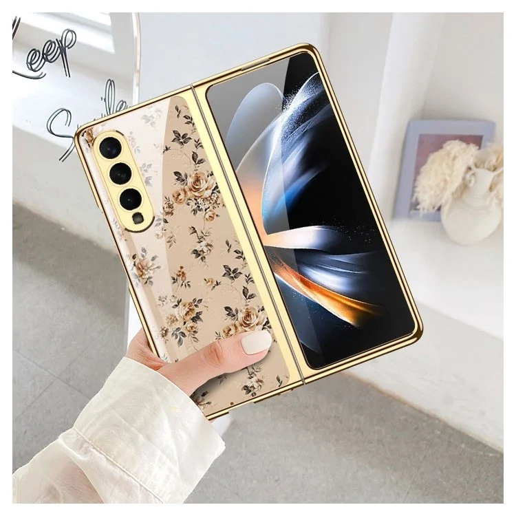 GKK For Samsung Galaxy Z Fold4 5G Tempered Glass + Hard PC Phone Case Floral Pattern Printing Electroplated Folding Cover - Flower 01