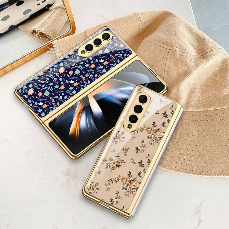 GKK For Samsung Galaxy Z Fold4 5G Tempered Glass + Hard PC Phone Case Floral Pattern Printing Electroplated Folding Cover - Flower 01
