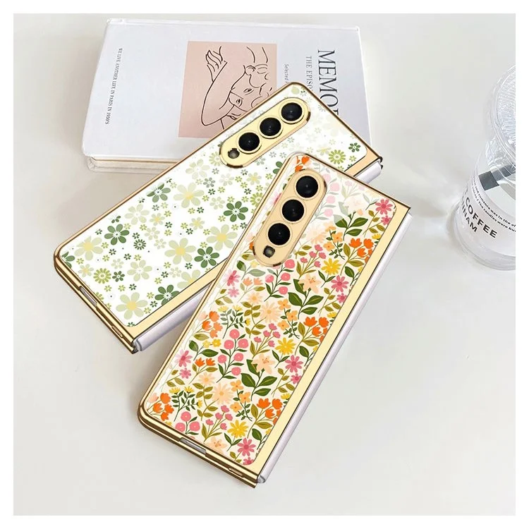 GKK For Samsung Galaxy Z Fold4 5G Tempered Glass + Hard PC Phone Case Floral Pattern Printing Electroplated Folding Cover - Flower 01