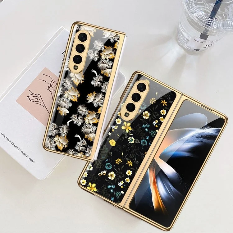 GKK For Samsung Galaxy Z Fold4 5G Tempered Glass + Hard PC Phone Case Floral Pattern Printing Electroplated Folding Cover - Flower 01