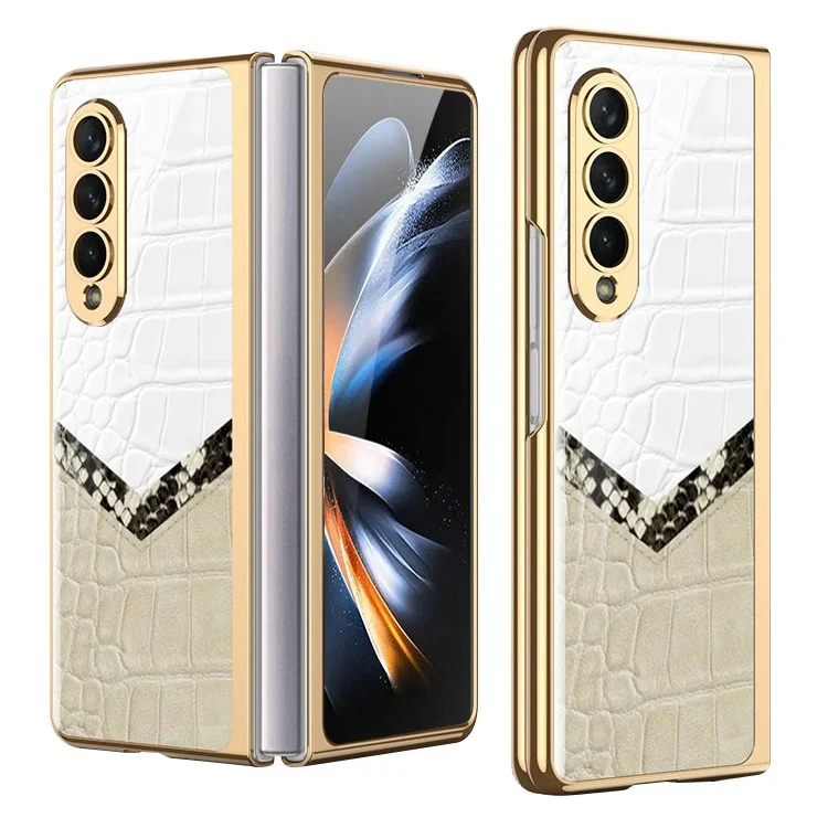 GKK Para Samsung Galaxy Z Fold4 5G Patrón Electrochado Impresión Case de Teléfono de Vidrio Templado PC Dura Tapa de Plegamiento Anti-stratch Plegable - Textura de Cuero de Contraste 06
