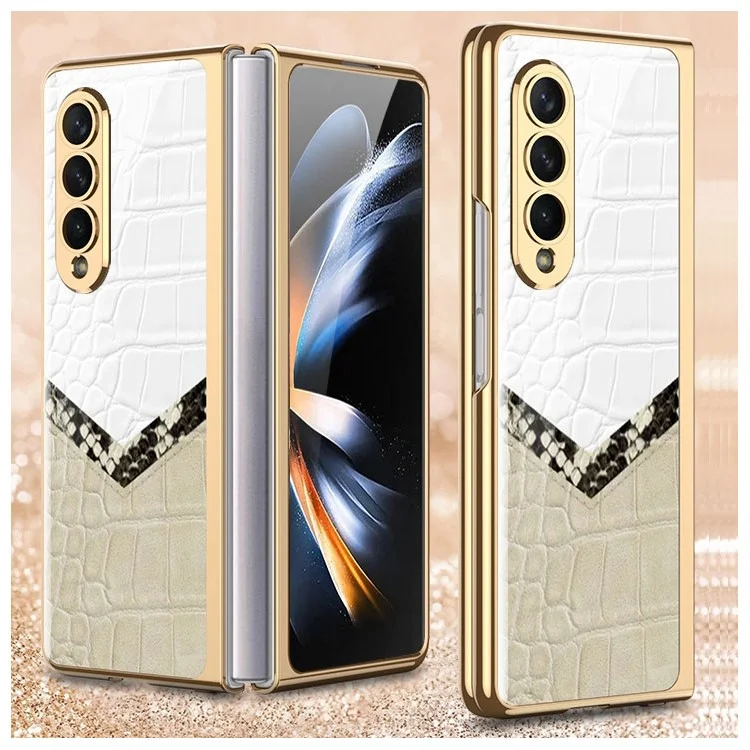 GKK Para Samsung Galaxy Z Fold4 5G Patrón Electrochado Impresión Case de Teléfono de Vidrio Templado PC Dura Tapa de Plegamiento Anti-stratch Plegable - Textura de Cuero de Contraste 06